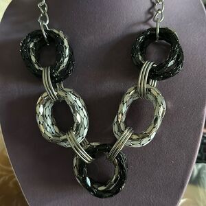 Chunky Silvertone and Graphite Mesh Circle Statement Necklace